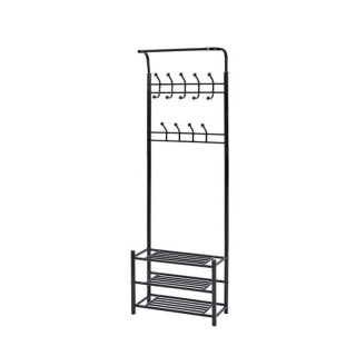 Čierny vešiak s regálmi na topánky