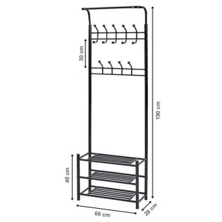 Čierny vešiak s regálmi na topánky