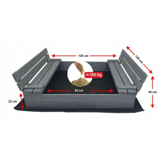 Sivé impregnované uzatvárateľné pieskovisko s lavičkami - 120x120 cm