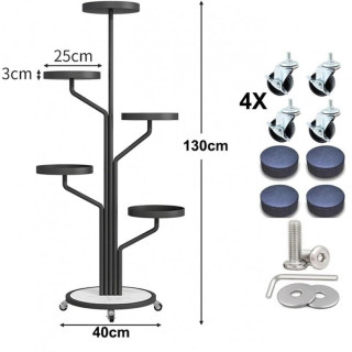 Čierny kovový stojan na kvety na kolieskach