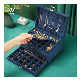 Temno modra škatla za nakit s številnimi predelki