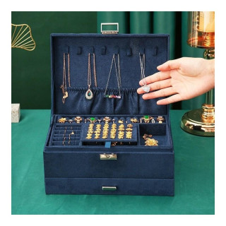 Temno modra škatla za nakit s številnimi predelki