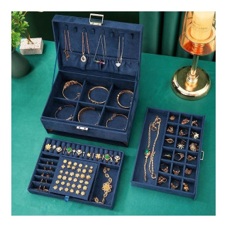 Temno modra škatla za nakit s številnimi predelki
