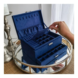 Temno modra škatla za nakit s številnimi predelki