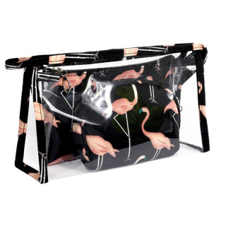 Črn set 3 kozmetičnih torbic z flamingi