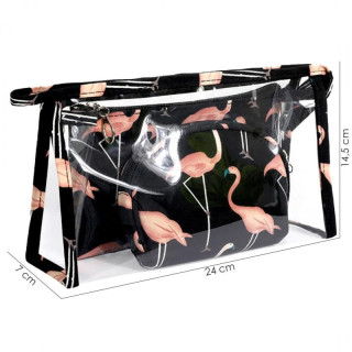 Črn set 3 kozmetičnih torbic z flamingi