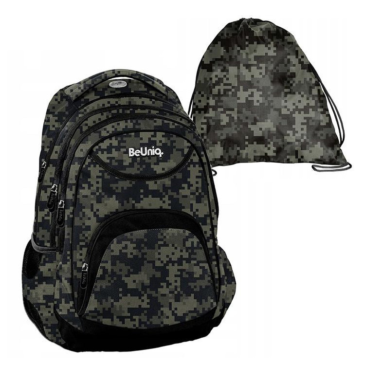 BeUniq maskirni vrhunski šolski nahrbtnik + žep za čevlje