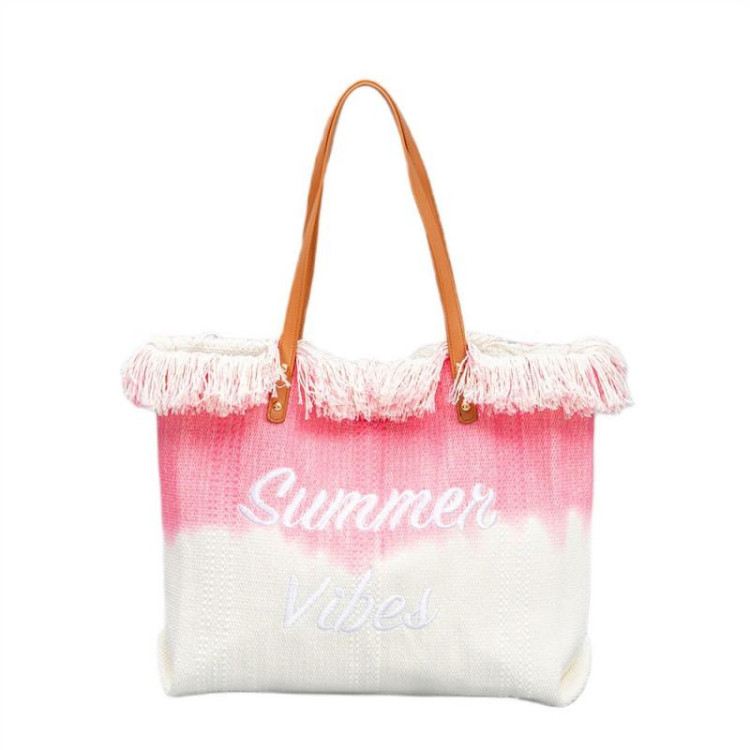 Ombre torba za plažo z resicami v roza barvi