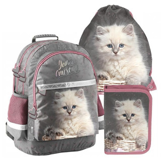 3-delni šolski komplet nahrbtnik, torba in peresnica z mačko