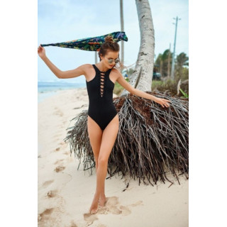 Črne enodelne kopalke z vezalkami za ženske