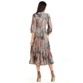 Ženska daljša obleka z vzorcem v rjavi barvi