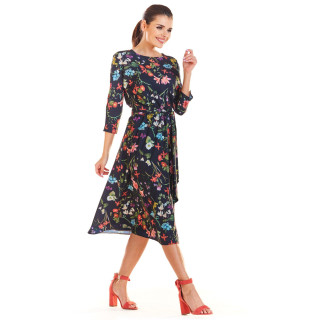 Ženska obleka s cvetovi temno modre barve z zavezovanjem v pasu