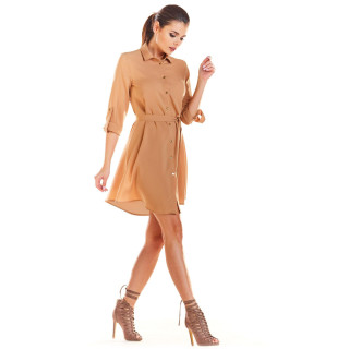 Bež srajčna obleka z zavezovanjem v pasu za ženske