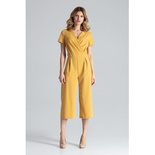 Eleganten ženski kombinezon gorčične barve s širokimi hlačami