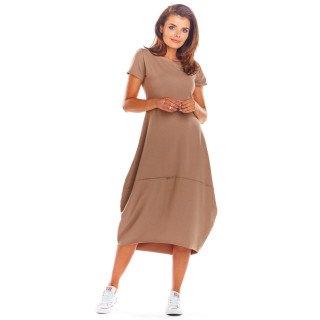 Ženska modna obleka s kratkimi rokavi v bež barvi