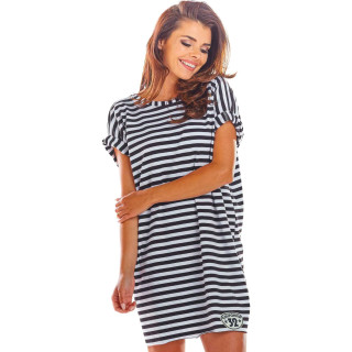 Ohlapna ženska obleka v črno-beli barvi s kratkimi rokavi