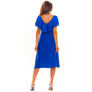 Ženska elegantna obleka z volanom v modri barvi