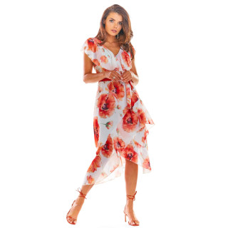 Ženska asimetrična obleka z rdečimi rožami v beli barvi