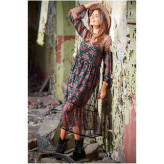 Črna dvoslojna obleka z rožicami za ženske