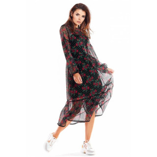 Črna dvoslojna obleka z rožicami za ženske