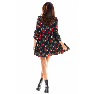 Črna ženska srajčna obleka z motivom rož