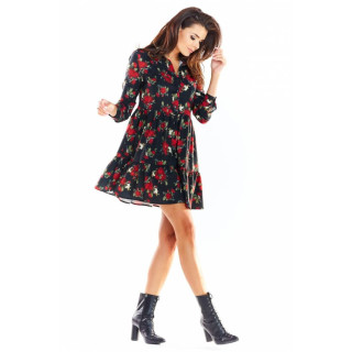 Črna ženska srajčna obleka z motivom rož