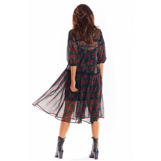 Ženska črna cvetlična obleka s čipkastimi vstavki