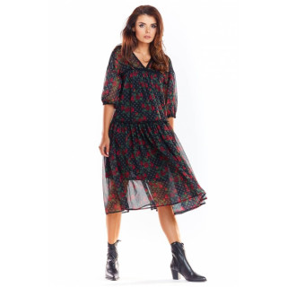 Ženska črna cvetlična obleka s čipkastimi vstavki