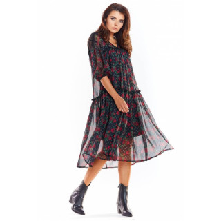 Ženska črna cvetlična obleka s čipkastimi vstavki