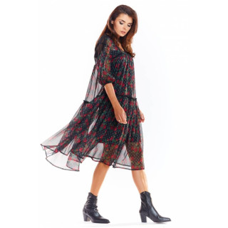 Ženska črna cvetlična obleka s čipkastimi vstavki