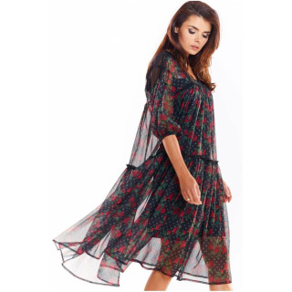 Ženska črna cvetlična obleka s čipkastimi vstavki