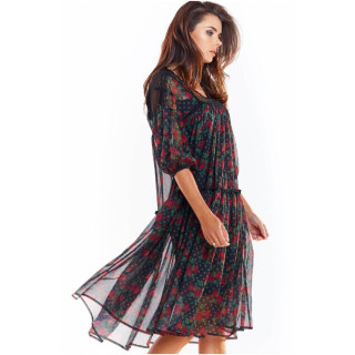 Ženska črna cvetlična obleka s čipkastimi vstavki