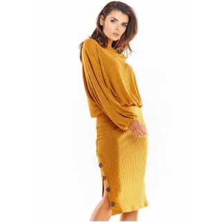 Žensko svinčnik krilo z okrasnimi gumbi v kamelji barvi