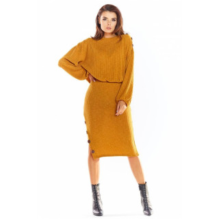 Žensko svinčnik krilo z okrasnimi gumbi v kamelji barvi