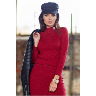 Ženski oprijet pulover z okrasnimi gumbi v bordo barvi