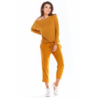 Ženski klasični pulover z dolgimi rokavi v kamelji barvi