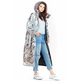 Ženski dolgi plašč oversize kroja v srebrni barvi