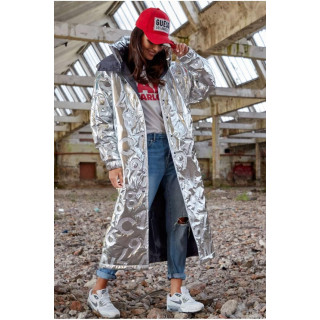 Ženski dolgi plašč oversize kroja v srebrni barvi