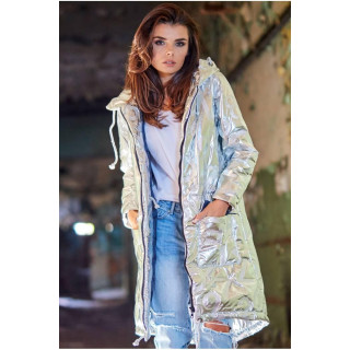 Srebrna oversized jakna z veliko kapuco za ženske