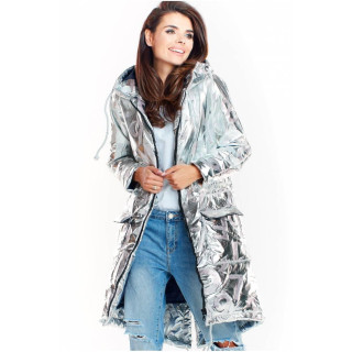 Srebrna oversized jakna z veliko kapuco za ženske