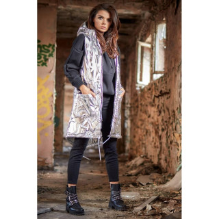 Svetleč ženski brezrokavnik srebrne barve s kapuco