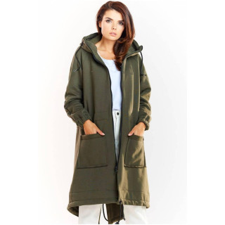 Ženska topla dolga jopica s kapuco v kaki barvi