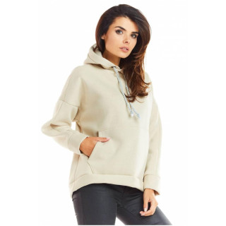 Ženski ohlapen pulover s kapuco v bež barvi