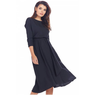 Ženska midi obleka s pasom v črni barvi