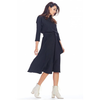 Ženska midi obleka s pasom v črni barvi