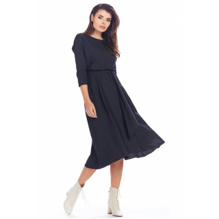 Ženska midi obleka s pasom v črni barvi