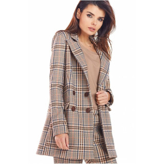 Ženska karirasta jakna ohlapnega kroja v rjavi barvi