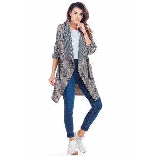 Ženska elegantna jakna s karirastim vzorcem v temno modri barvi