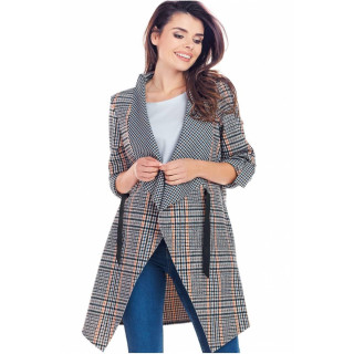 Ženska elegantna jakna s karirastim vzorcem v temno modri barvi