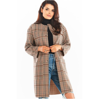 Karirasti ženski plašč rjave barve brez ovratnika